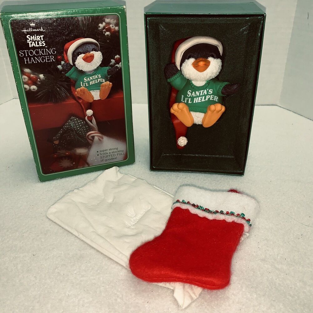 Vintage Hallmark Shirt Tales Penguin Stocking Hanger Stocking Box 1980